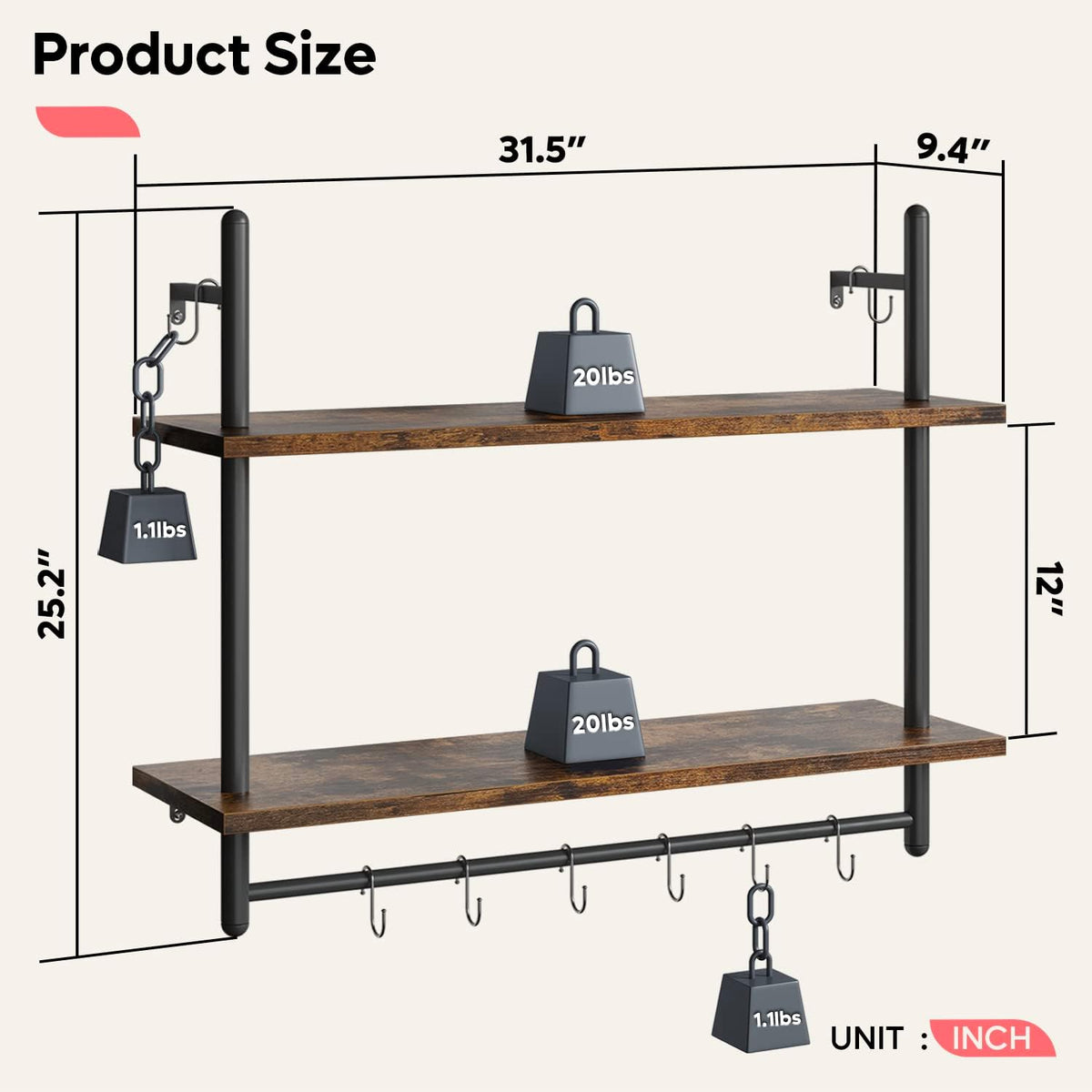 31" Industrial Pipe Wall Shelf with Towel Bar, Rustic Brown