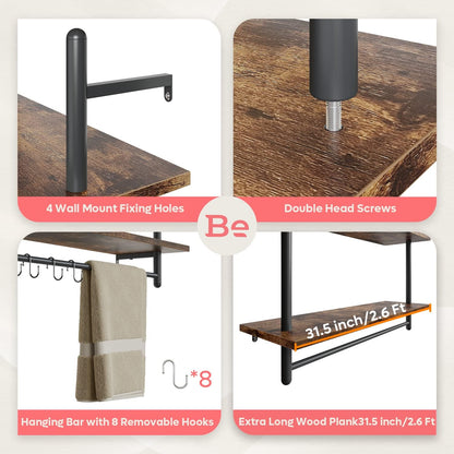 31" Industrial Pipe Wall Shelf with Towel Bar, Rustic Brown