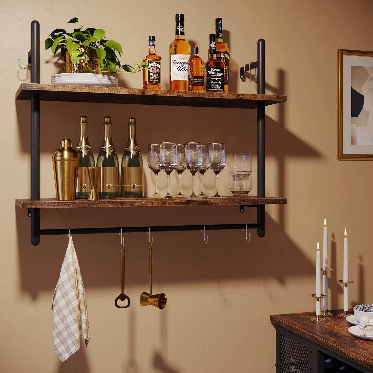 31" Industrial Pipe Wall Shelf with Towel Bar, Rustic Brown