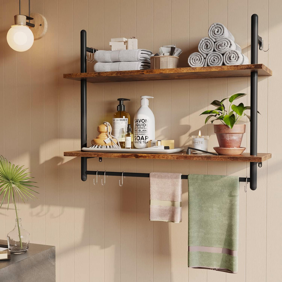 31" Industrial Pipe Wall Shelf with Towel Bar, Rustic Brown
