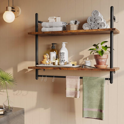 31" Industrial Pipe Wall Shelf with Towel Bar, Rustic Brown