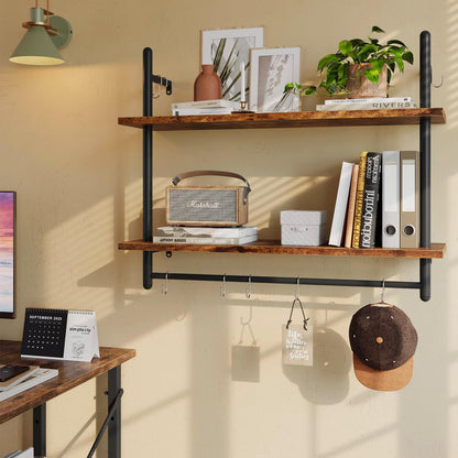 31" Industrial Pipe Wall Shelf with Towel Bar, Rustic Brown
