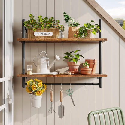 31" Industrial Pipe Wall Shelf with Towel Bar, Rustic Brown
