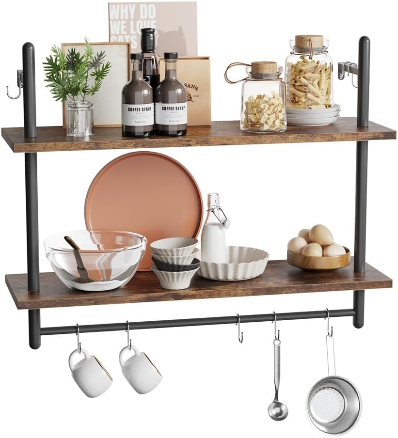 31" Industrial Pipe Wall Shelf with Towel Bar, Rustic Brown