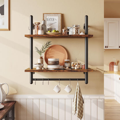 31" Industrial Pipe Wall Shelf with Towel Bar, Rustic Brown