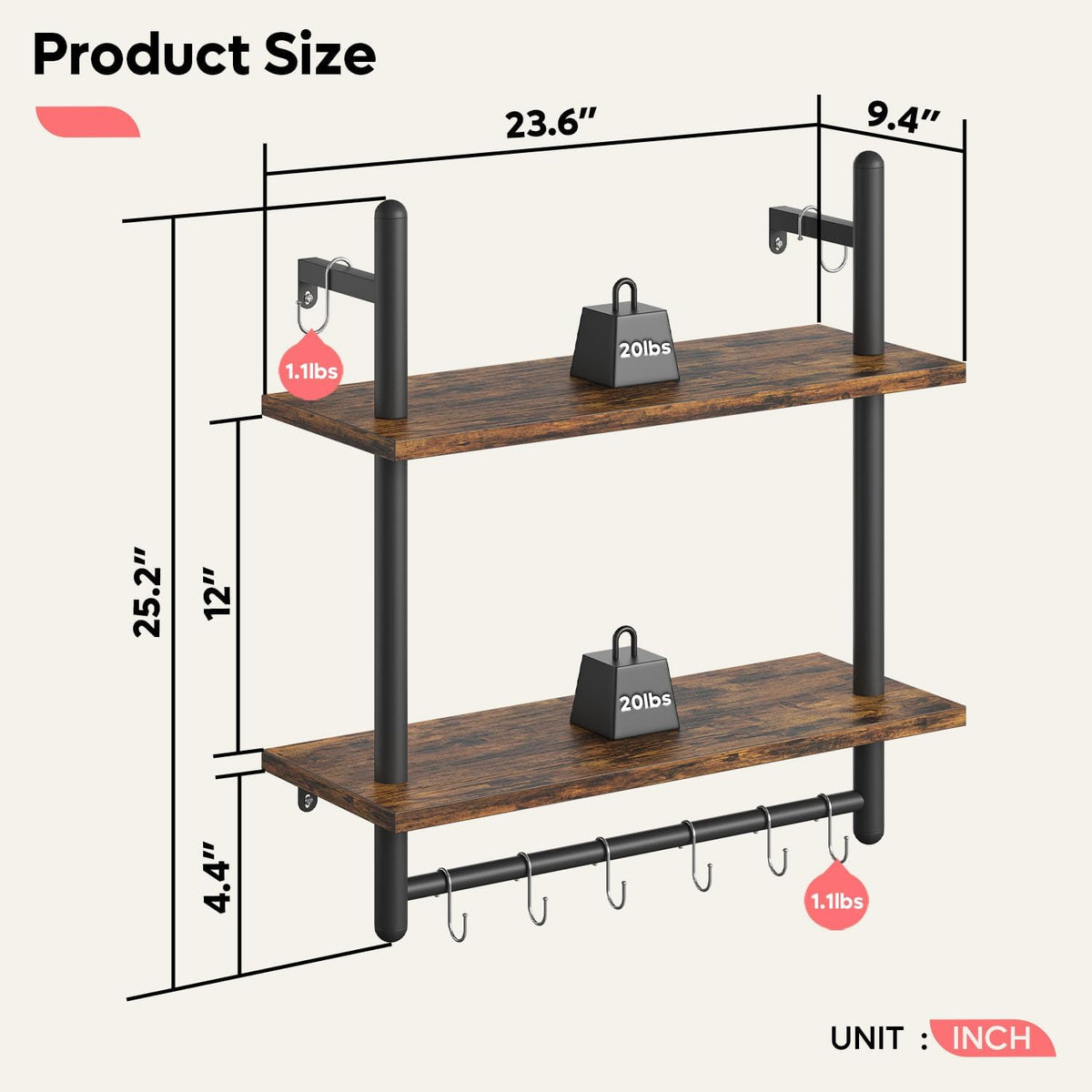 31" Industrial Pipe Wall Shelf with Towel Bar, Rustic Brown