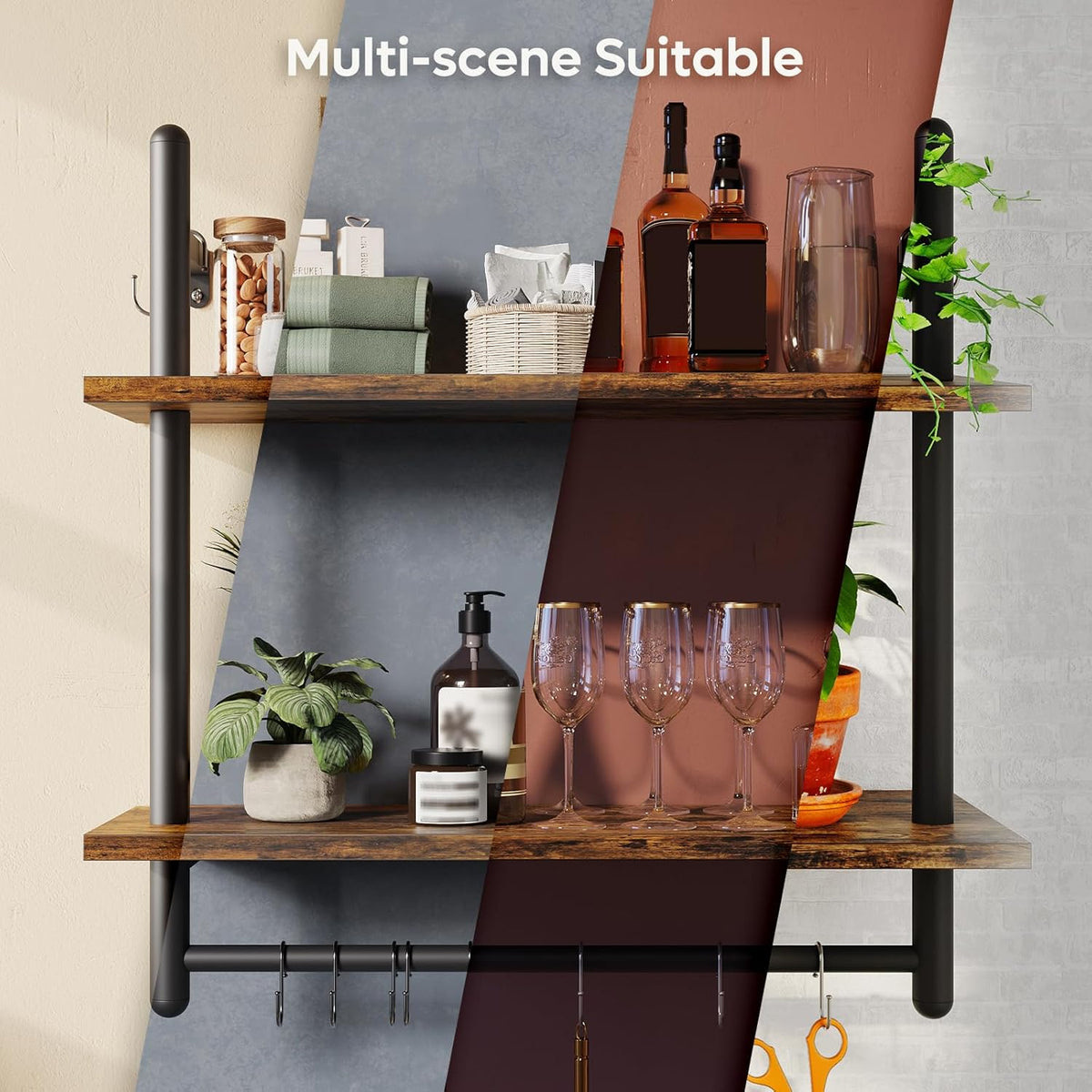 31" Industrial Pipe Wall Shelf with Towel Bar, Rustic Brown