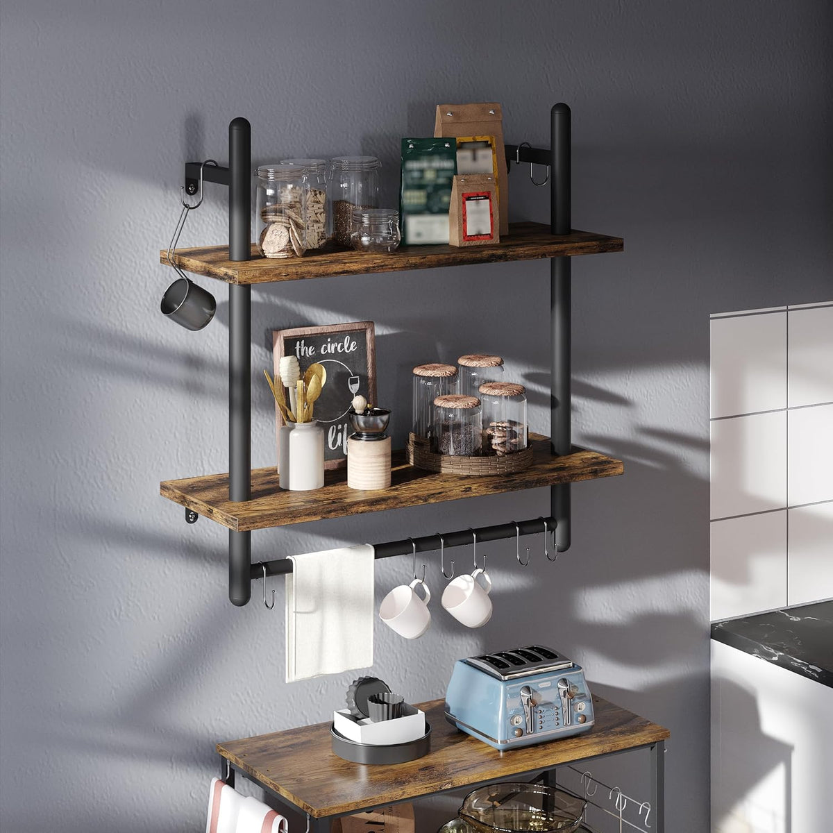 31" Industrial Pipe Wall Shelf with Towel Bar, Rustic Brown