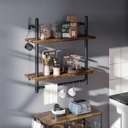 31" Industrial Pipe Wall Shelf with Towel Bar, Rustic Brown
