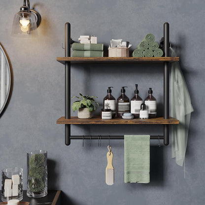 31" Industrial Pipe Wall Shelf with Towel Bar, Rustic Brown