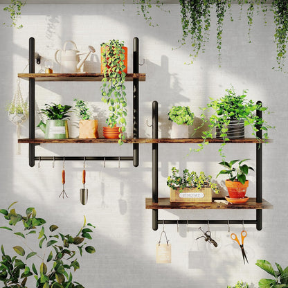 31" Industrial Pipe Wall Shelf with Towel Bar, Rustic Brown