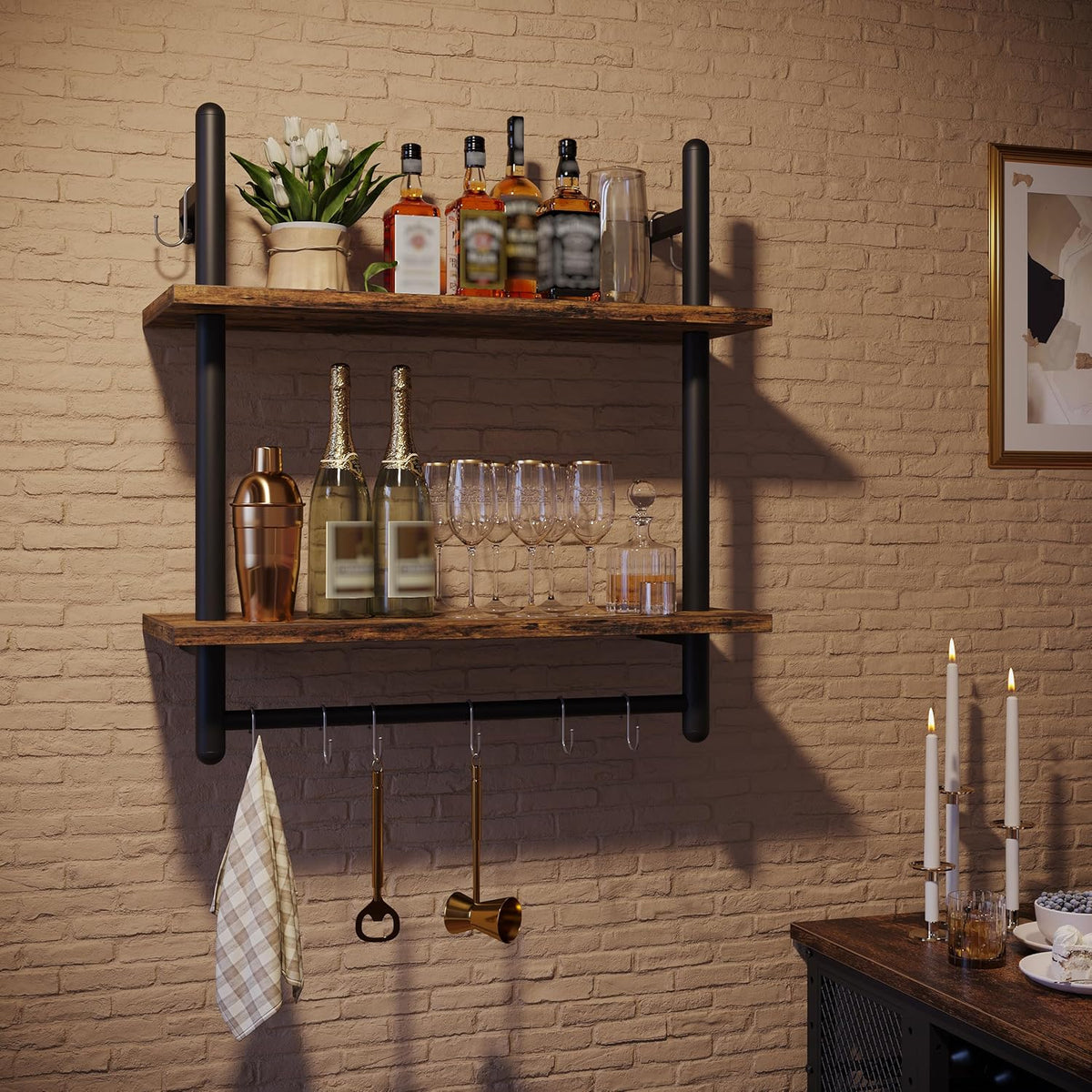 31" Industrial Pipe Wall Shelf with Towel Bar, Rustic Brown