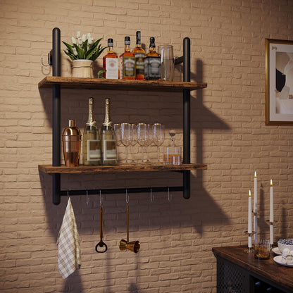 31" Industrial Pipe Wall Shelf with Towel Bar, Rustic Brown