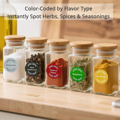 672 Color-Coded Spice Labels Book with A–Z Index – Waterproof & Oil-Resistant Preprinted Round Stickers for Kitchen Jars – 1.2" Pantry Labels for Spices, Seasonings, and Herbs – Modern Color Style