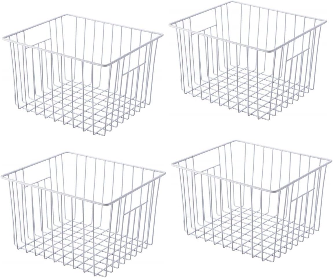 Freezer Basket Organizer, Refrigerator Metal Wire Storage Divider, Household Container Bins with Handles for Kitchen, Pantry, Cabinet, Closets - Pearl White (6, 11in x 10in x 5.5in)