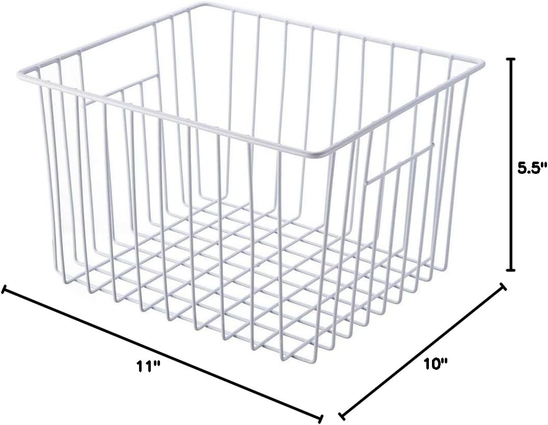 Freezer Basket Organizer, Refrigerator Metal Wire Storage Divider, Household Container Bins with Handles for Kitchen, Pantry, Cabinet, Closets - Pearl White (6, 11in x 10in x 5.5in)