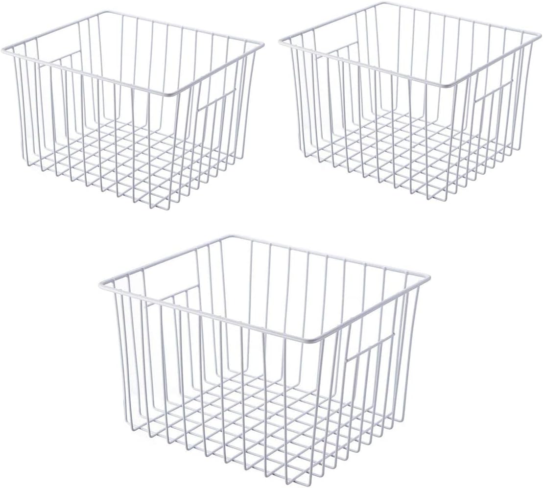 Freezer Basket Organizer, Refrigerator Metal Wire Storage Divider, Household Container Bins with Handles for Kitchen, Pantry, Cabinet, Closets - Pearl White (6, 11in x 10in x 5.5in)
