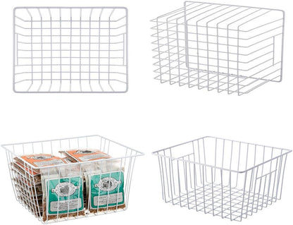 Freezer Basket Organizer, Refrigerator Metal Wire Storage Divider, Household Container Bins with Handles for Kitchen, Pantry, Cabinet, Closets - Pearl White (6, 11in x 10in x 5.5in)