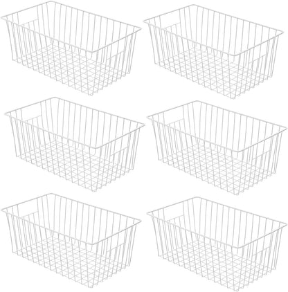 Freezer Basket Organizer, Refrigerator Metal Wire Storage Divider, Household Container Bins with Handles for Kitchen, Pantry, Cabinet, Closets - Pearl White (6, 11in x 10in x 5.5in)