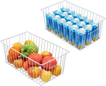 Freezer Basket Organizer, Refrigerator Metal Wire Storage Divider, Household Container Bins with Handles for Kitchen, Pantry, Cabinet, Closets - Pearl White (6, 11in x 10in x 5.5in)