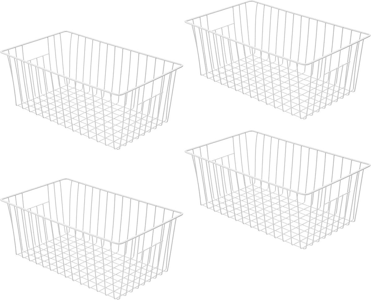 Freezer Basket Organizer, Refrigerator Metal Wire Storage Divider, Household Container Bins with Handles for Kitchen, Pantry, Cabinet, Closets - Pearl White (6, 11in x 10in x 5.5in)