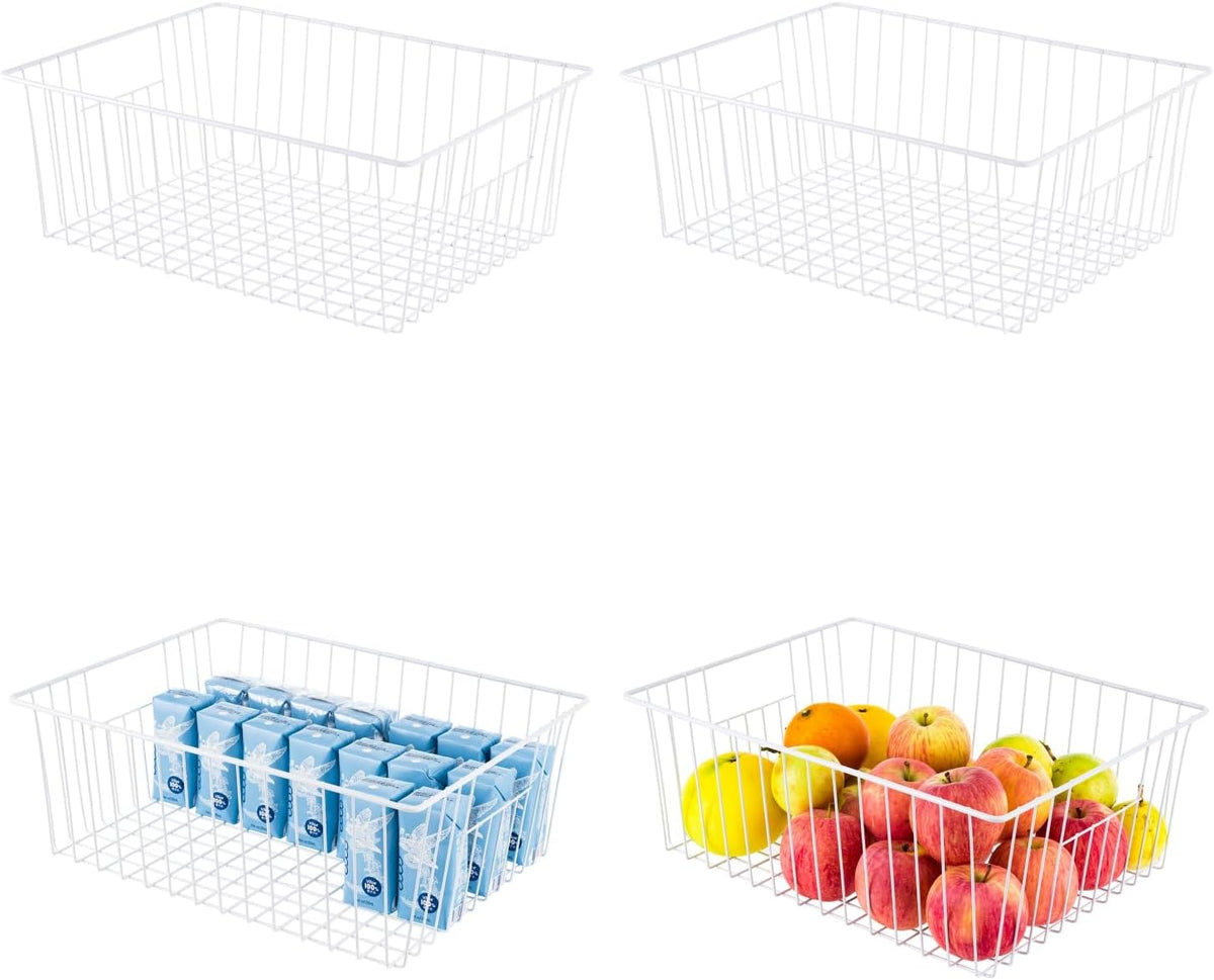 Freezer Basket Organizer, Refrigerator Metal Wire Storage Divider, Household Container Bins with Handles for Kitchen, Pantry, Cabinet, Closets - Pearl White (6, 11in x 10in x 5.5in)