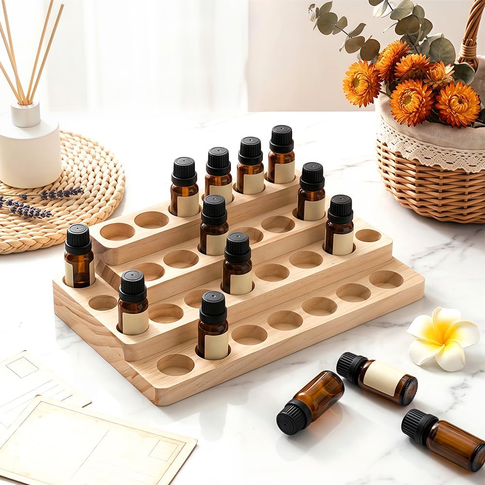 Essential Oil Display Stand, 3 Tier 39 Slots Round Wood Rotating Essential Oil Bottle, Organizers Shelf Box and Tabletop Storage Rack for Essential Oils Bottles 5ml, 10ml, 15ml, 20ml