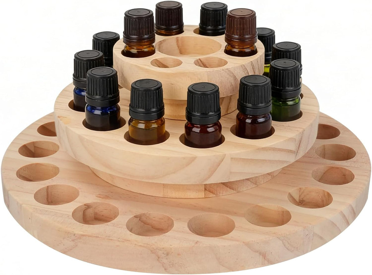 Essential Oil Display Stand, 3 Tier 39 Slots Round Wood Rotating Essential Oil Bottle, Organizers Shelf Box and Tabletop Storage Rack for Essential Oils Bottles 5ml, 10ml, 15ml, 20ml