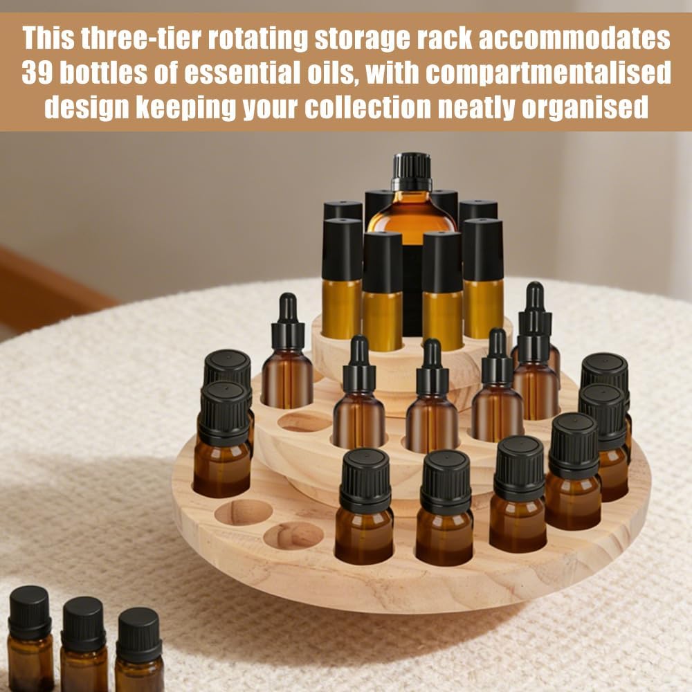 Essential Oil Display Stand, 3 Tier 39 Slots Round Wood Rotating Essential Oil Bottle, Organizers Shelf Box and Tabletop Storage Rack for Essential Oils Bottles 5ml, 10ml, 15ml, 20ml