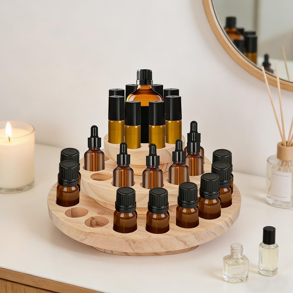 Essential Oil Display Stand, 3 Tier 39 Slots Round Wood Rotating Essential Oil Bottle, Organizers Shelf Box and Tabletop Storage Rack for Essential Oils Bottles 5ml, 10ml, 15ml, 20ml