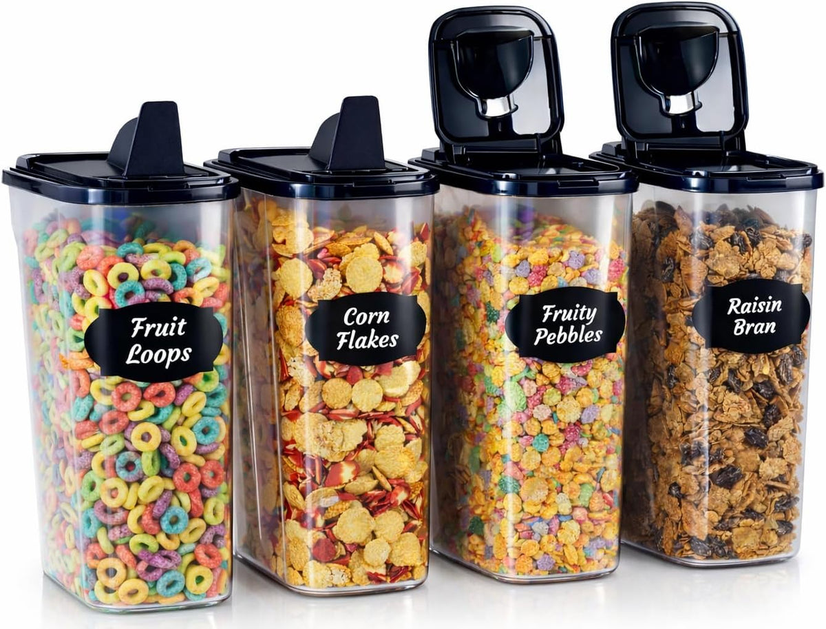 Airtight Food Storage Containers - Pack of 4 (4L/135.3oz) - MULTISPOUT Design for Kitchen & Pantry - BPA-Free Cereal Containers with Bigger Spout Mouth for Easy Pouring