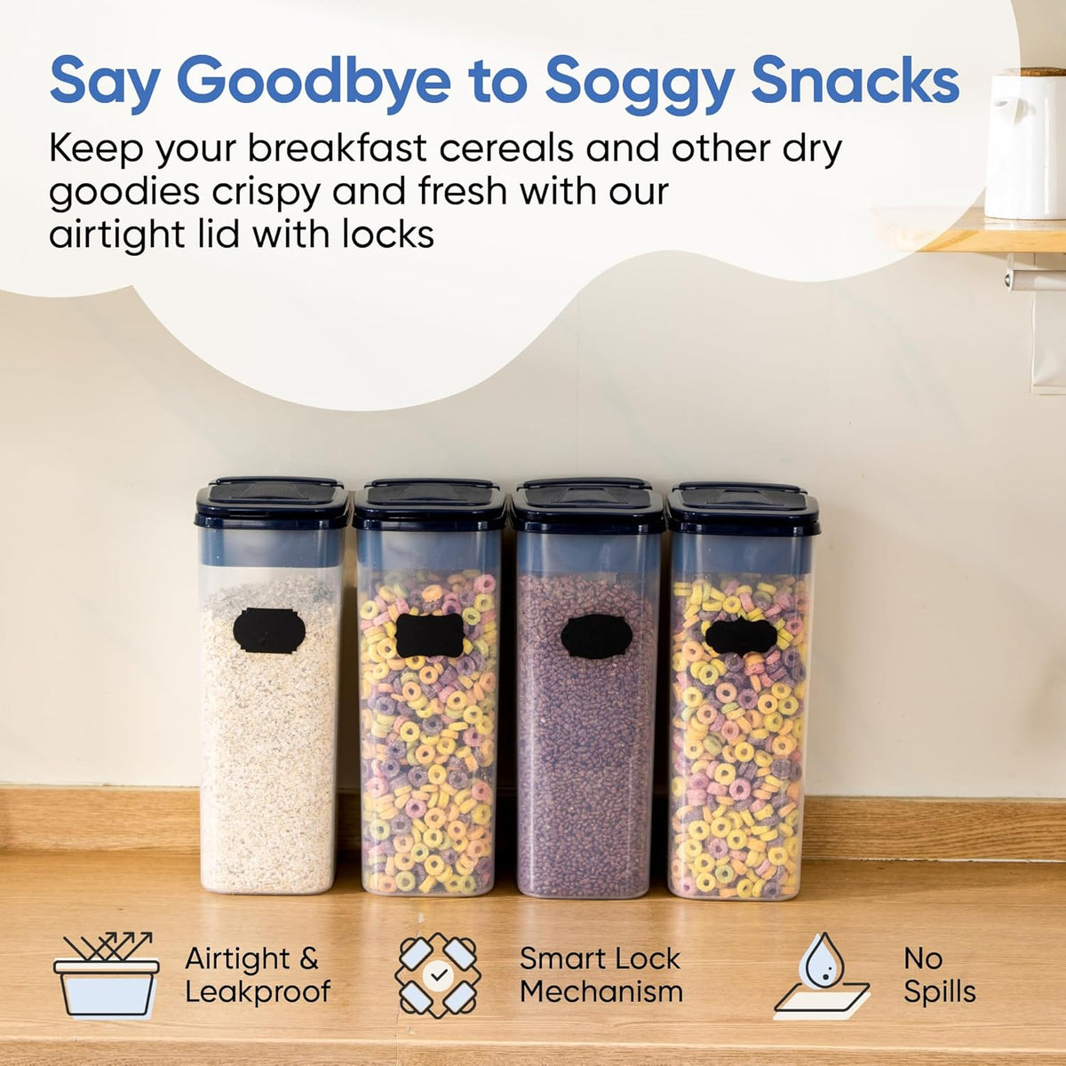 Airtight Food Storage Containers - Pack of 4 (4L/135.3oz) - MULTISPOUT Design for Kitchen & Pantry - BPA-Free Cereal Containers with Bigger Spout Mouth for Easy Pouring