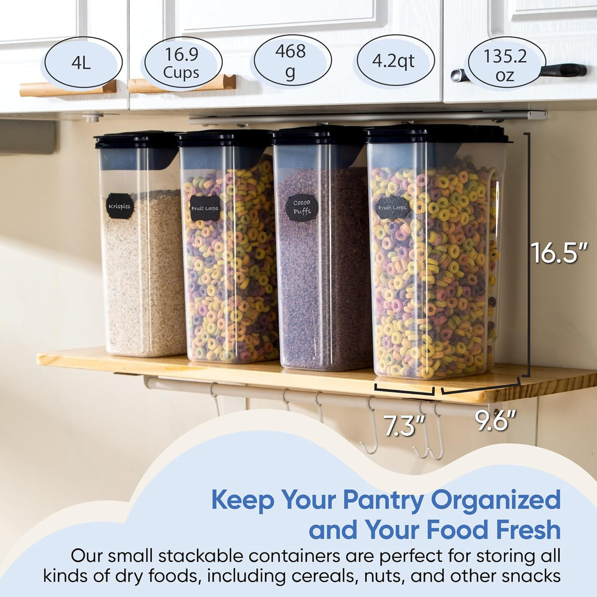 Airtight Food Storage Containers - Pack of 4 (4L/135.3oz) - MULTISPOUT Design for Kitchen & Pantry - BPA-Free Cereal Containers with Bigger Spout Mouth for Easy Pouring