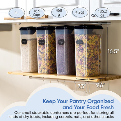Airtight Food Storage Containers - Pack of 4 (4L/135.3oz) - MULTISPOUT Design for Kitchen & Pantry - BPA-Free Cereal Containers with Bigger Spout Mouth for Easy Pouring