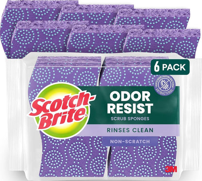 Odor Resist Non-Scratch Scrub Sponge, Dishwasher-Safe Kitchen Sponges that Resist Bacterial Odors, Multipurpose Dish Sponge for Gentle Cleaning, 6 Dish Sponges