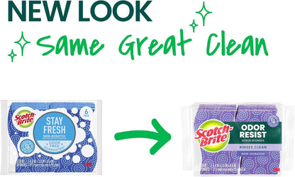 Odor Resist Non-Scratch Scrub Sponge, Dishwasher-Safe Kitchen Sponges that Resist Bacterial Odors, Multipurpose Dish Sponge for Gentle Cleaning, 6 Dish Sponges