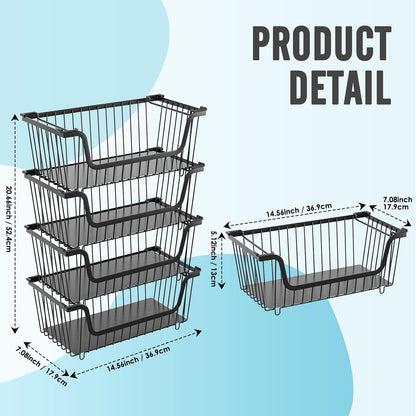 4 Pcs Stackable Wire Baskets Pantry Organizers and Storage Bins,Black | Breathable Metal Design with Rotating Handle,Idea for Potato Onion Fruit Snack Veggie Kitchen Countertop Freezer Organization
