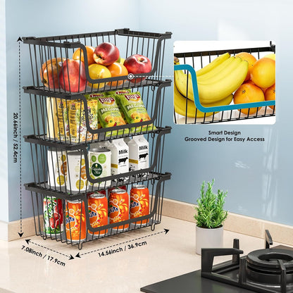 4 Pcs Stackable Wire Baskets Pantry Organizers and Storage Bins,Black | Breathable Metal Design with Rotating Handle,Idea for Potato Onion Fruit Snack Veggie Kitchen Countertop Freezer Organization