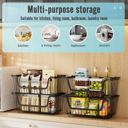 4 Pcs Stackable Wire Baskets Pantry Organizers and Storage Bins,Black | Breathable Metal Design with Rotating Handle,Idea for Potato Onion Fruit Snack Veggie Kitchen Countertop Freezer Organization