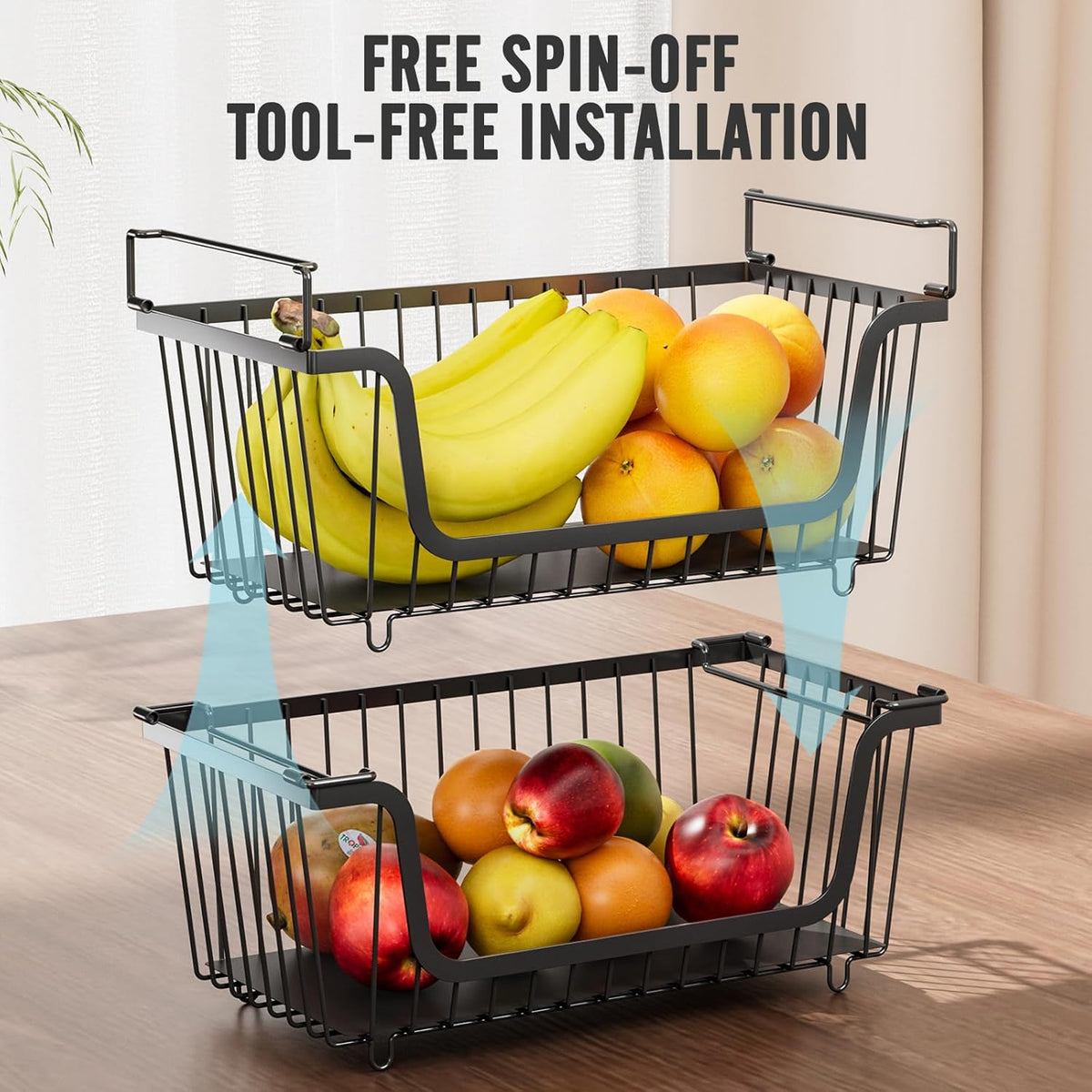 4 Pcs Stackable Wire Baskets Pantry Organizers and Storage Bins,Black | Breathable Metal Design with Rotating Handle,Idea for Potato Onion Fruit Snack Veggie Kitchen Countertop Freezer Organization