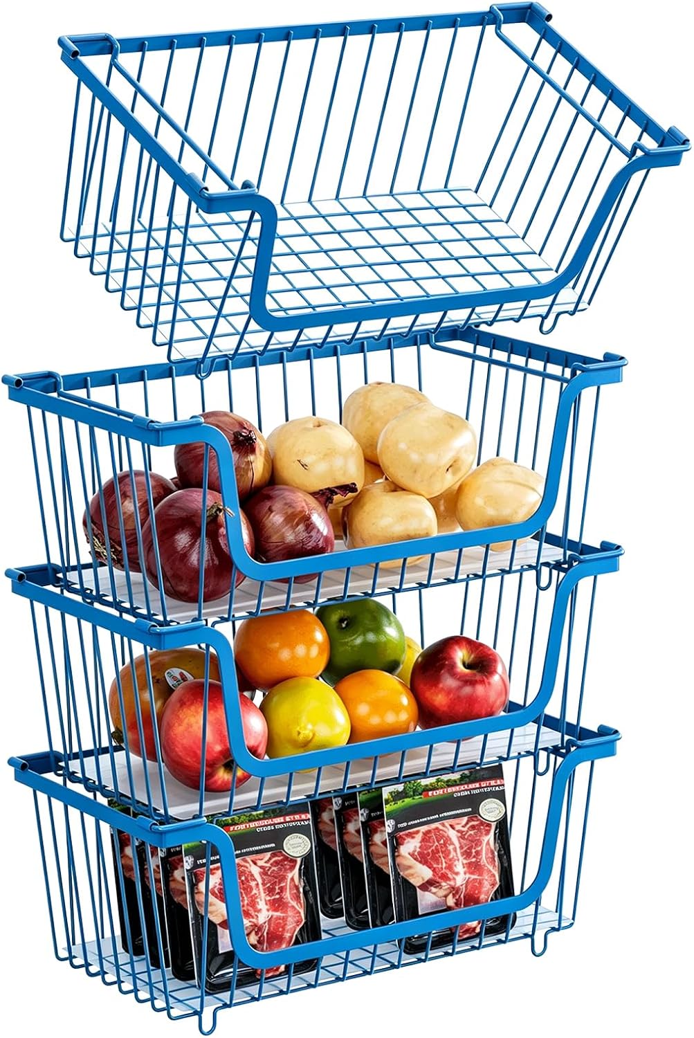 4 Pcs Stackable Wire Baskets Pantry Organizers and Storage Bins,Black | Breathable Metal Design with Rotating Handle,Idea for Potato Onion Fruit Snack Veggie Kitchen Countertop Freezer Organization
