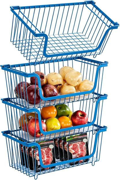 4 Pcs Stackable Wire Baskets Pantry Organizers and Storage Bins,Black | Breathable Metal Design with Rotating Handle,Idea for Potato Onion Fruit Snack Veggie Kitchen Countertop Freezer Organization