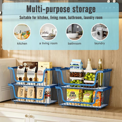 4 Pcs Stackable Wire Baskets Pantry Organizers and Storage Bins,Black | Breathable Metal Design with Rotating Handle,Idea for Potato Onion Fruit Snack Veggie Kitchen Countertop Freezer Organization