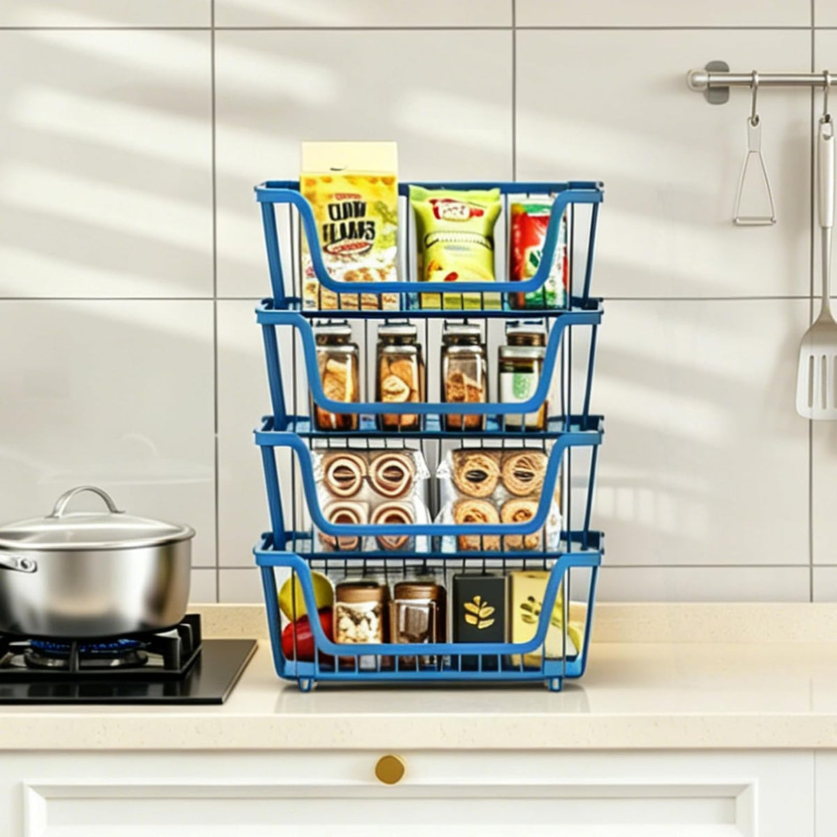 4 Pcs Stackable Wire Baskets Pantry Organizers and Storage Bins,Black | Breathable Metal Design with Rotating Handle,Idea for Potato Onion Fruit Snack Veggie Kitchen Countertop Freezer Organization
