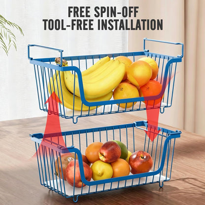 4 Pcs Stackable Wire Baskets Pantry Organizers and Storage Bins,Black | Breathable Metal Design with Rotating Handle,Idea for Potato Onion Fruit Snack Veggie Kitchen Countertop Freezer Organization
