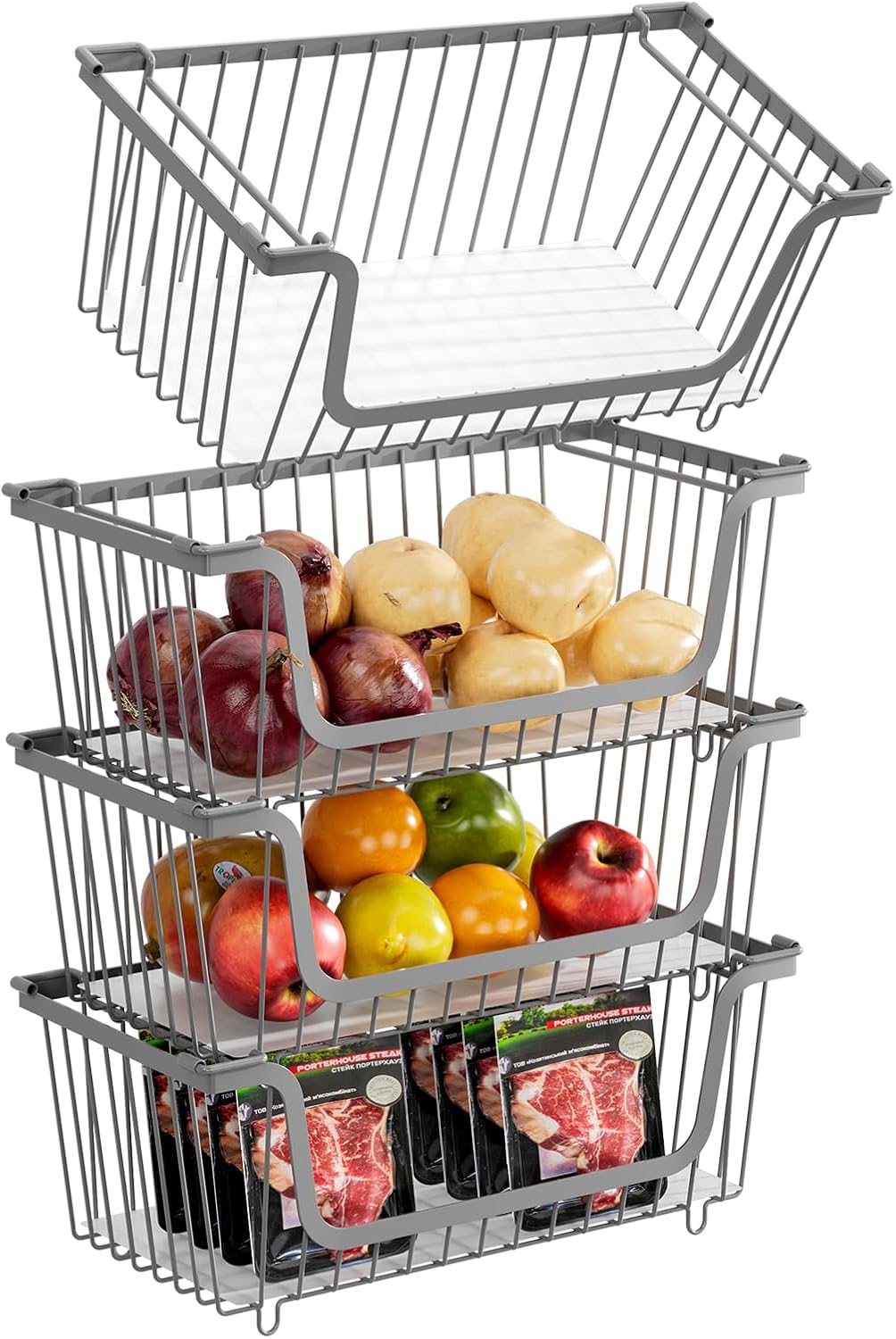 4 Pcs Stackable Wire Baskets Pantry Organizers and Storage Bins,Black | Breathable Metal Design with Rotating Handle,Idea for Potato Onion Fruit Snack Veggie Kitchen Countertop Freezer Organization