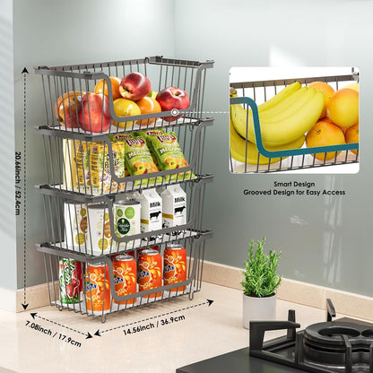 4 Pcs Stackable Wire Baskets Pantry Organizers and Storage Bins,Black | Breathable Metal Design with Rotating Handle,Idea for Potato Onion Fruit Snack Veggie Kitchen Countertop Freezer Organization