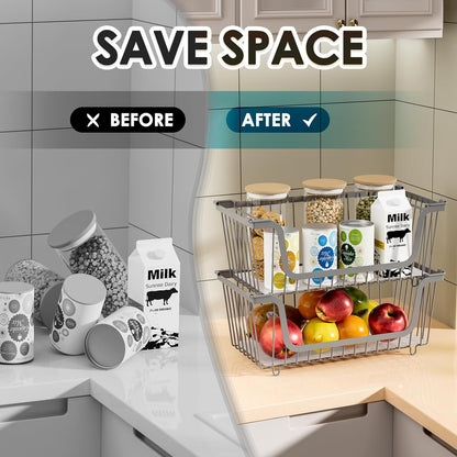 4 Pcs Stackable Wire Baskets Pantry Organizers and Storage Bins,Black | Breathable Metal Design with Rotating Handle,Idea for Potato Onion Fruit Snack Veggie Kitchen Countertop Freezer Organization