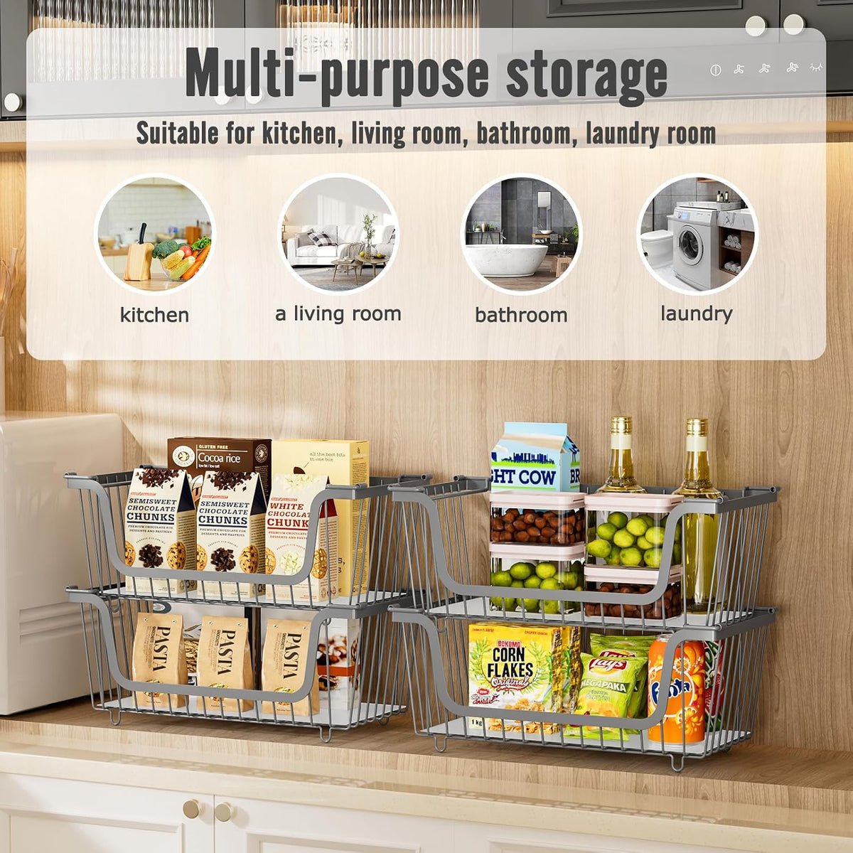 4 Pcs Stackable Wire Baskets Pantry Organizers and Storage Bins,Black | Breathable Metal Design with Rotating Handle,Idea for Potato Onion Fruit Snack Veggie Kitchen Countertop Freezer Organization
