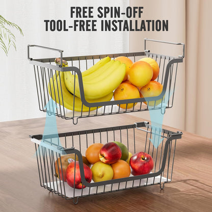 4 Pcs Stackable Wire Baskets Pantry Organizers and Storage Bins,Black | Breathable Metal Design with Rotating Handle,Idea for Potato Onion Fruit Snack Veggie Kitchen Countertop Freezer Organization